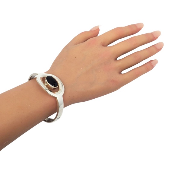 Mexico Sterling Silver Onyx Hinged Bracelet #21170 - Picture 9 of 10